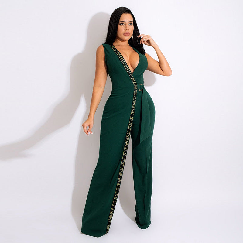 Spring Fashion Deep V Slim Jumpsuit With Belt 5