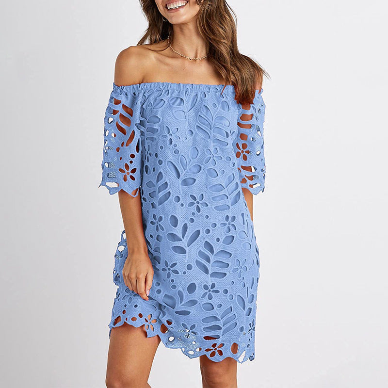 Spring Summer Solid Color Lace Half-Sleeve Off Shoulder Fashion Casual Dress 3