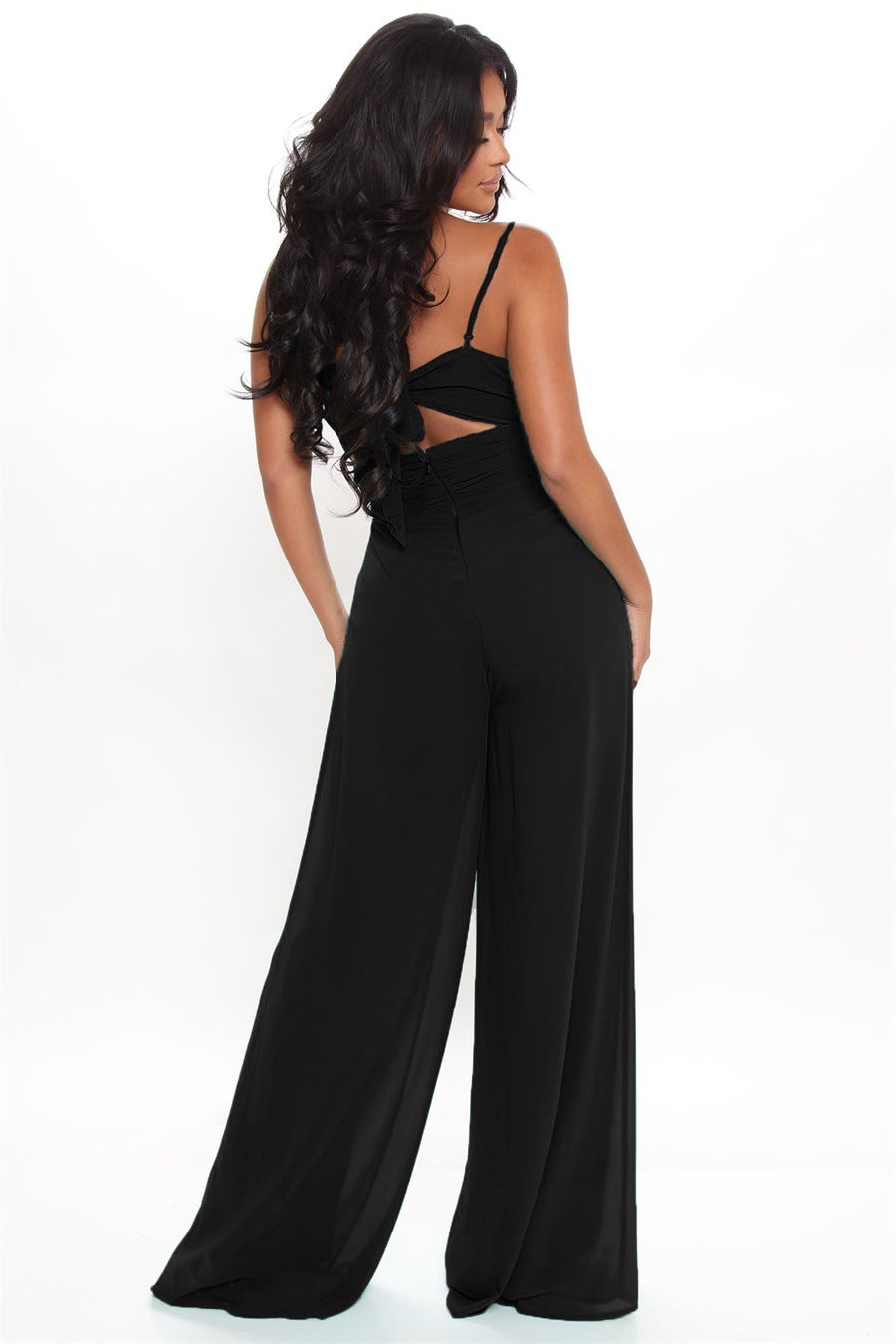 Summer Solid Color Chiffon Straps Slim Waist Wide Leg Women'S Jumpsuit 8