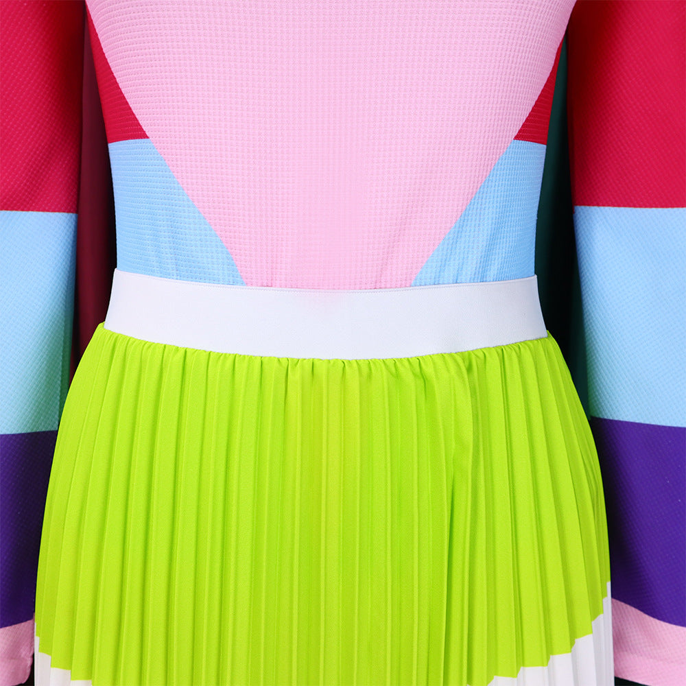 Women Autumn Pleated Print Contrast Color Long-sleeved Top and Skirt Two-Piece Set 25