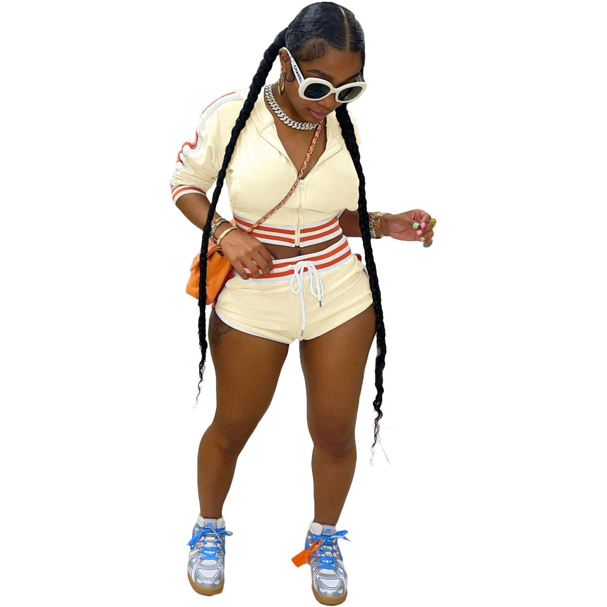 Women's Fashion Striped Patchwork Hooded Long Top Sexy Shorts Sports Two Piece Set 12