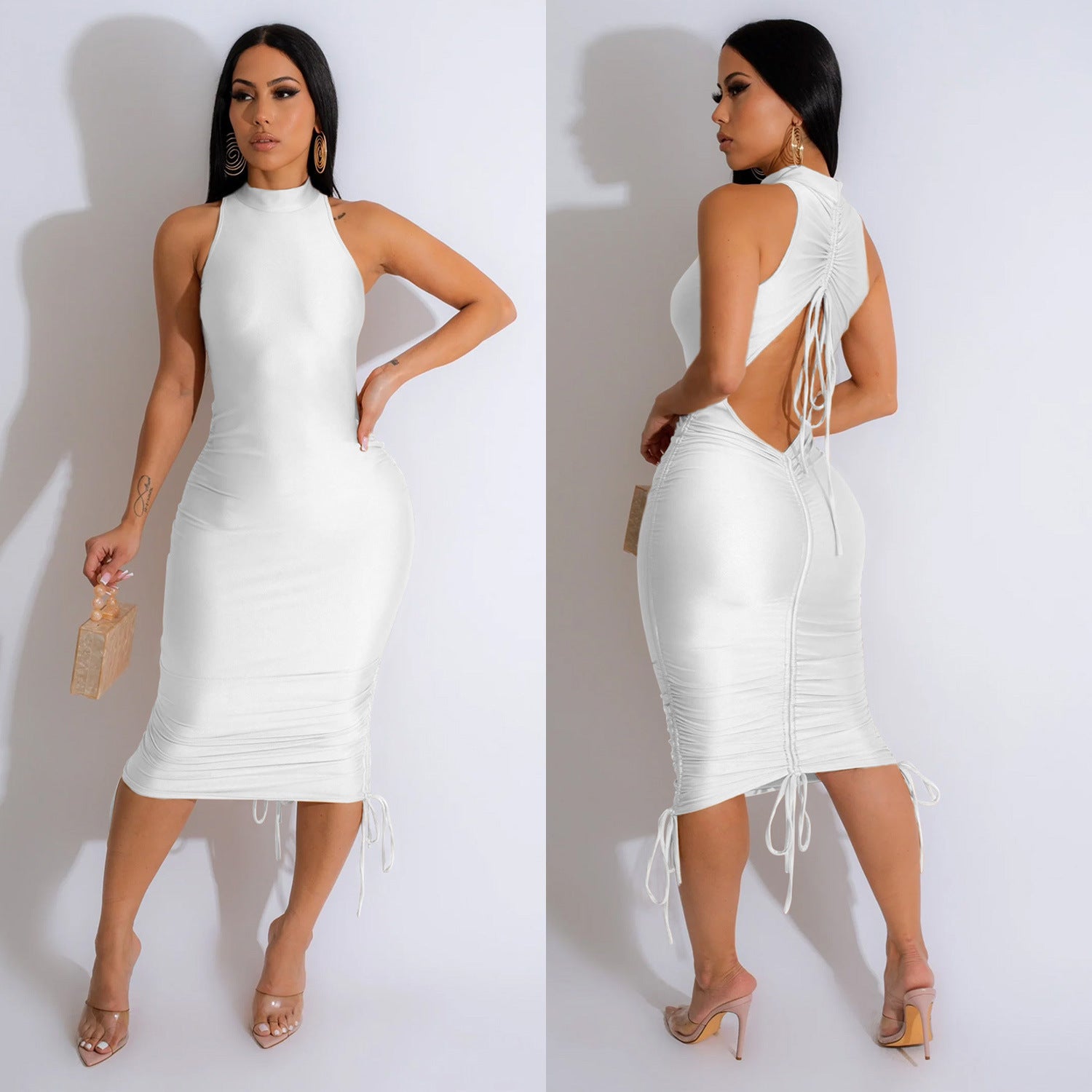 Women's Fashion Solid Color Sexy Sleeveless Low Back Pleated Drawstring Bodycon Dress 6