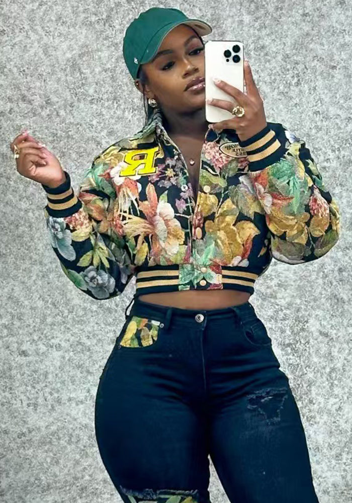 Women Casual printed baseball jacket