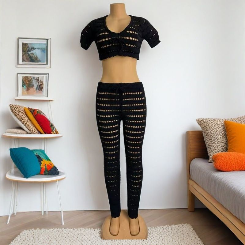 Women summer round neck casual sleeveless knitting top and pant two-piece set 4