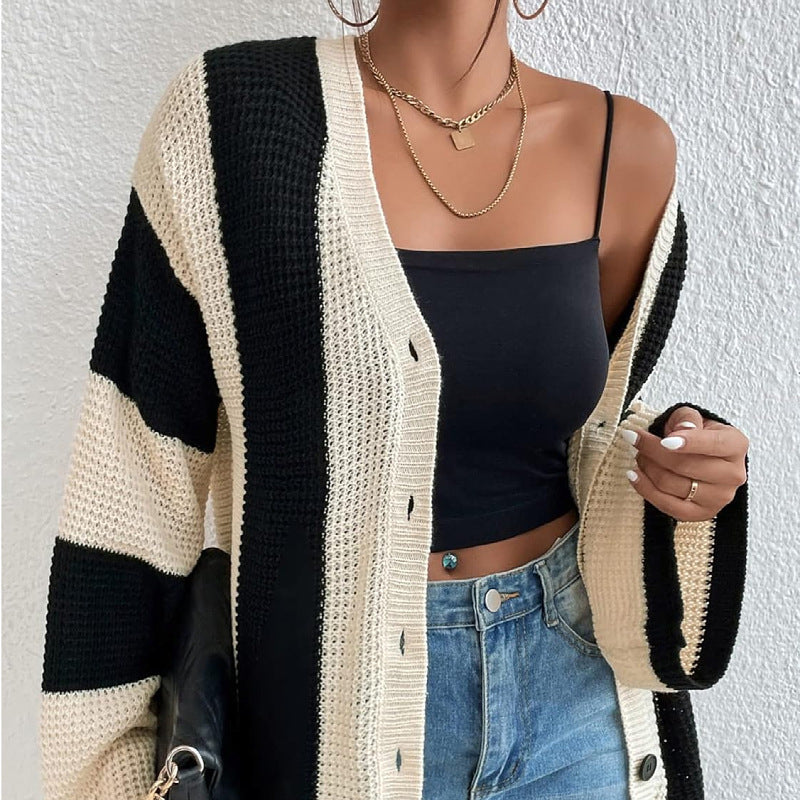 Fashionable Autumn And Winter Women's Striped Contrast Color Bell Bottom Sleeve Loose Knitting Cardigan 5