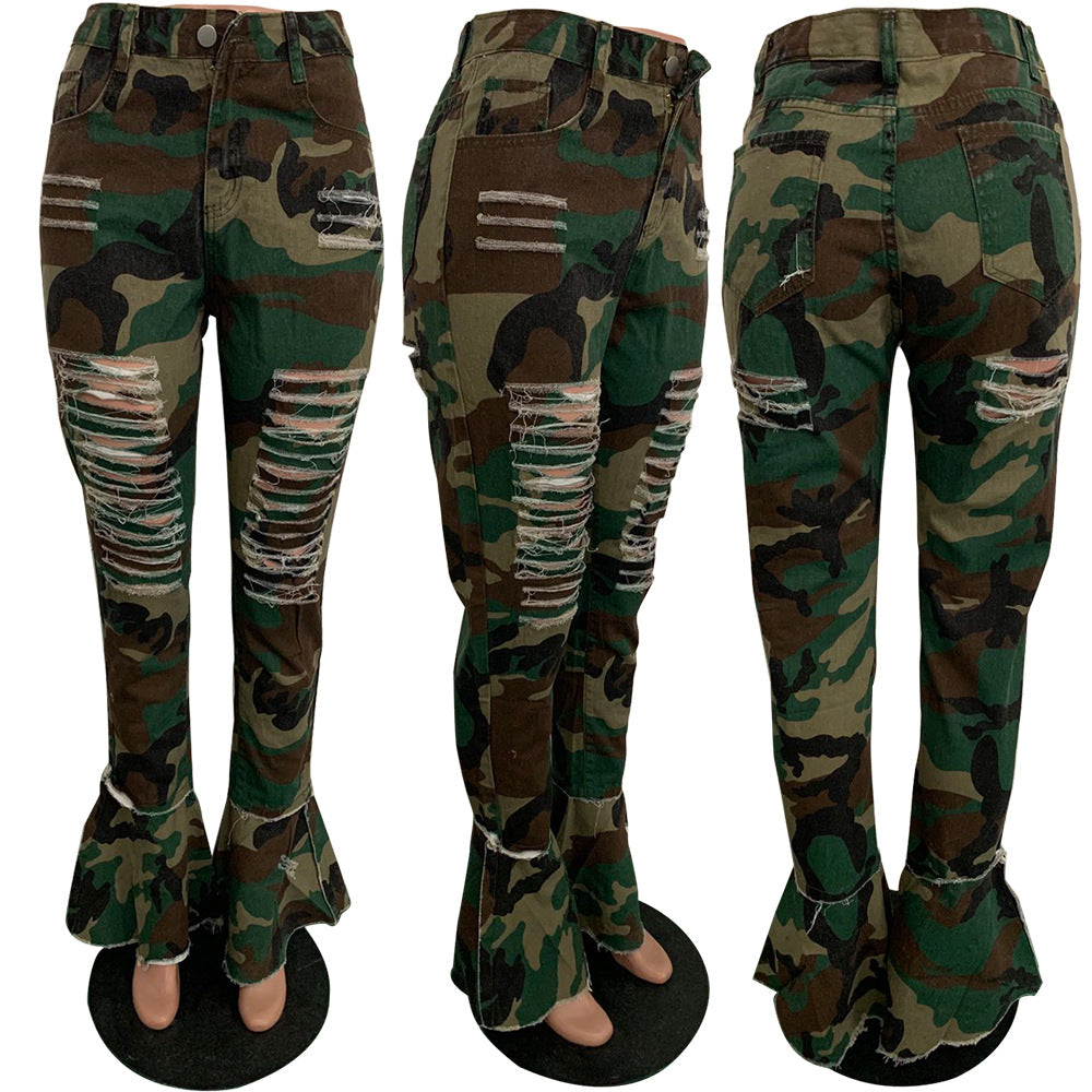 Women's Fringed Ripped Classic Denim Ruffle Trouser 19