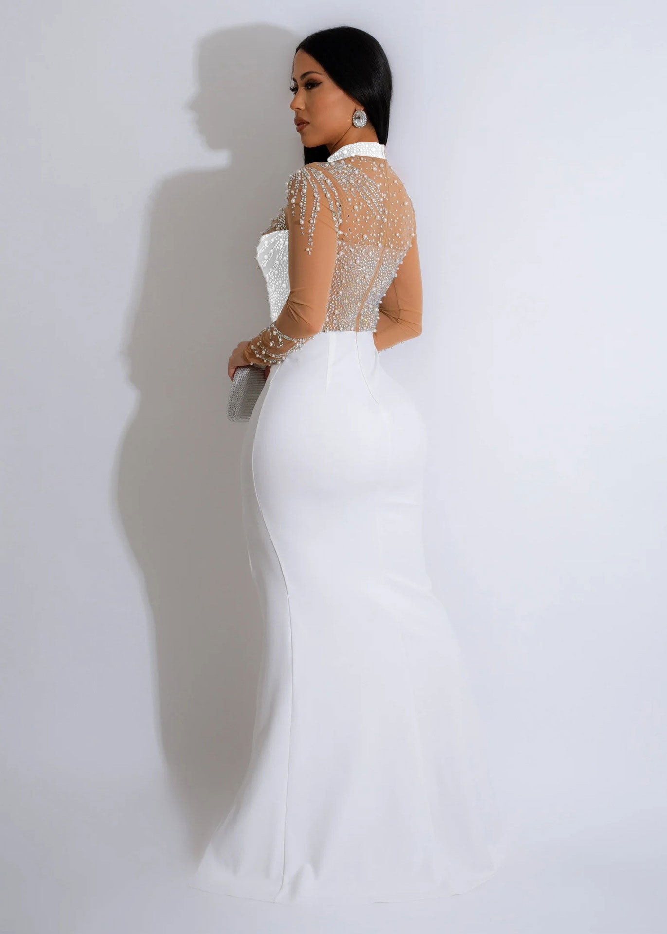 Women Beaded See-Through Bodycon Stretch Slit Dress 13