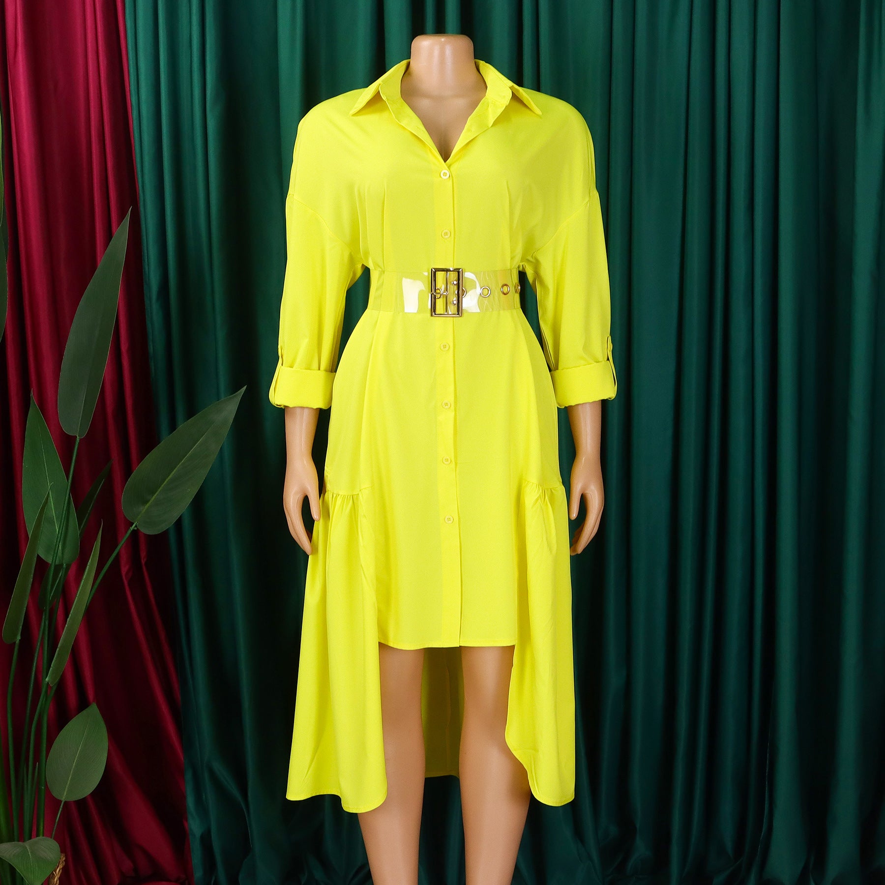 Women's Turndown Collar Solid Color Fashion Loose Casual Button Irregular Shirt Dress 11