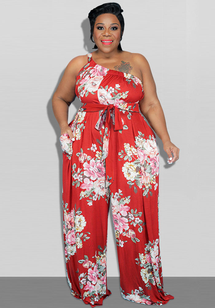Plus Size Women Summer Floral Print Casual Jumpsuit