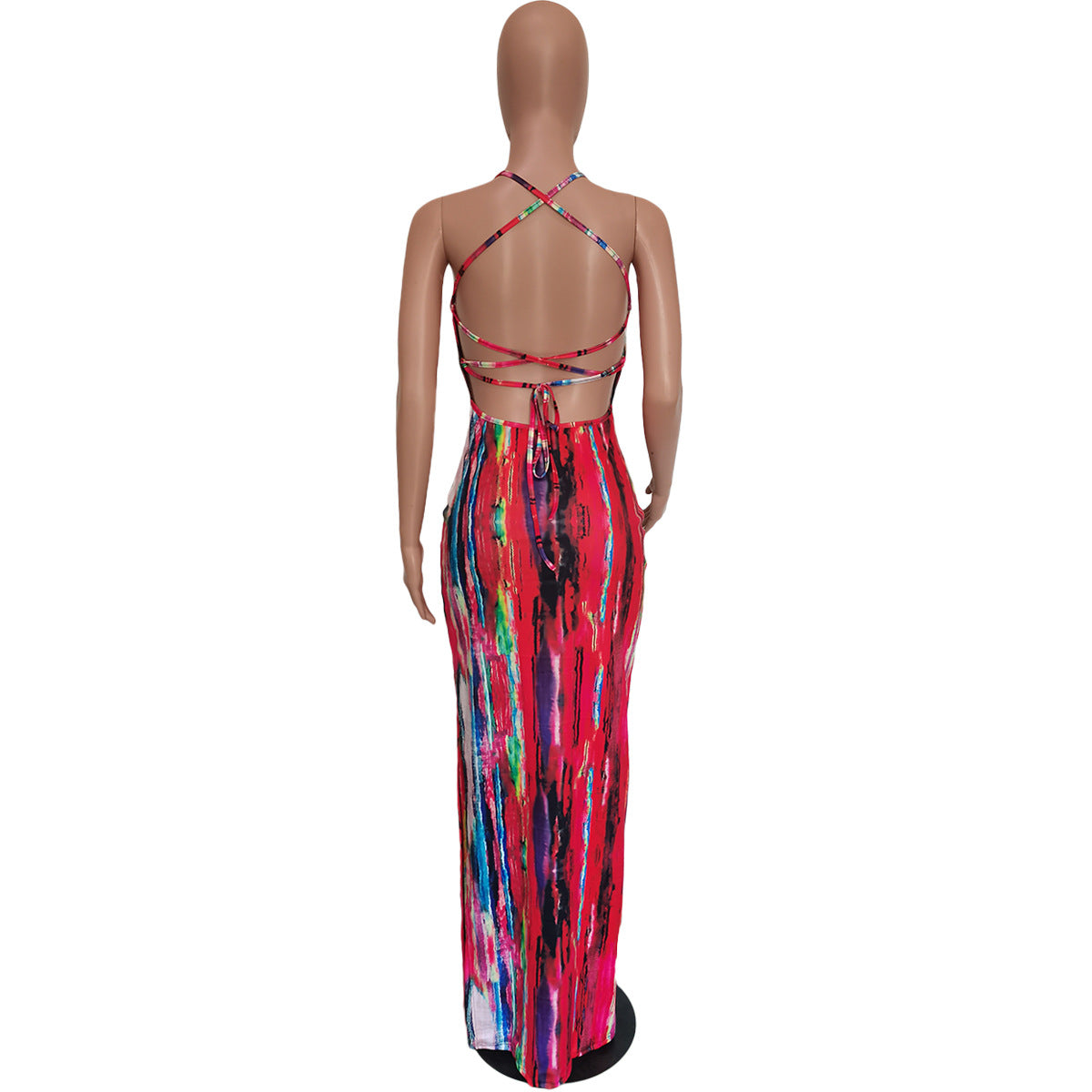 Women's Tie Dye Print Sling Low Back Slit Dress 18