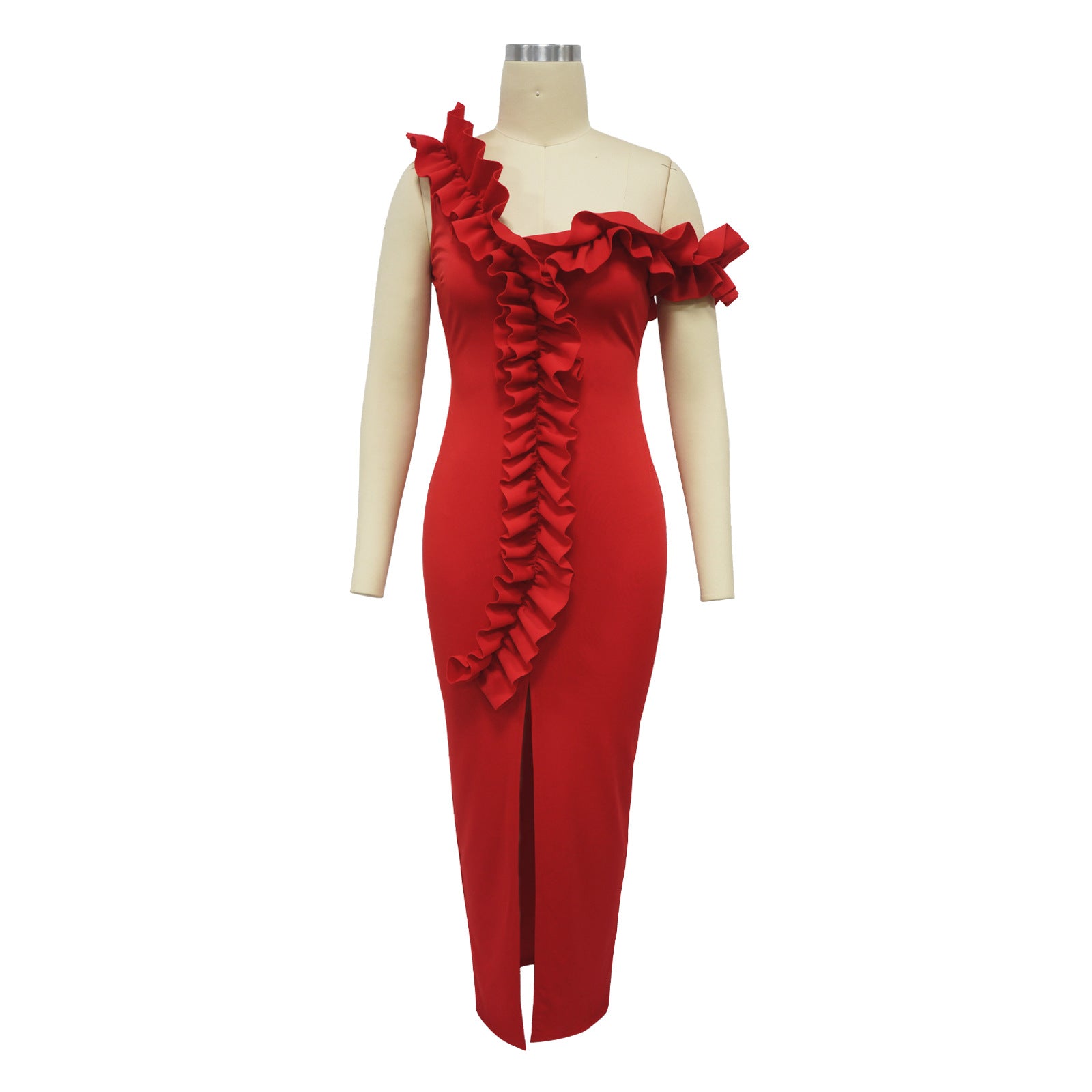 Women's Sexy Ruffled One-Shoulder Slit Evening Dress 8