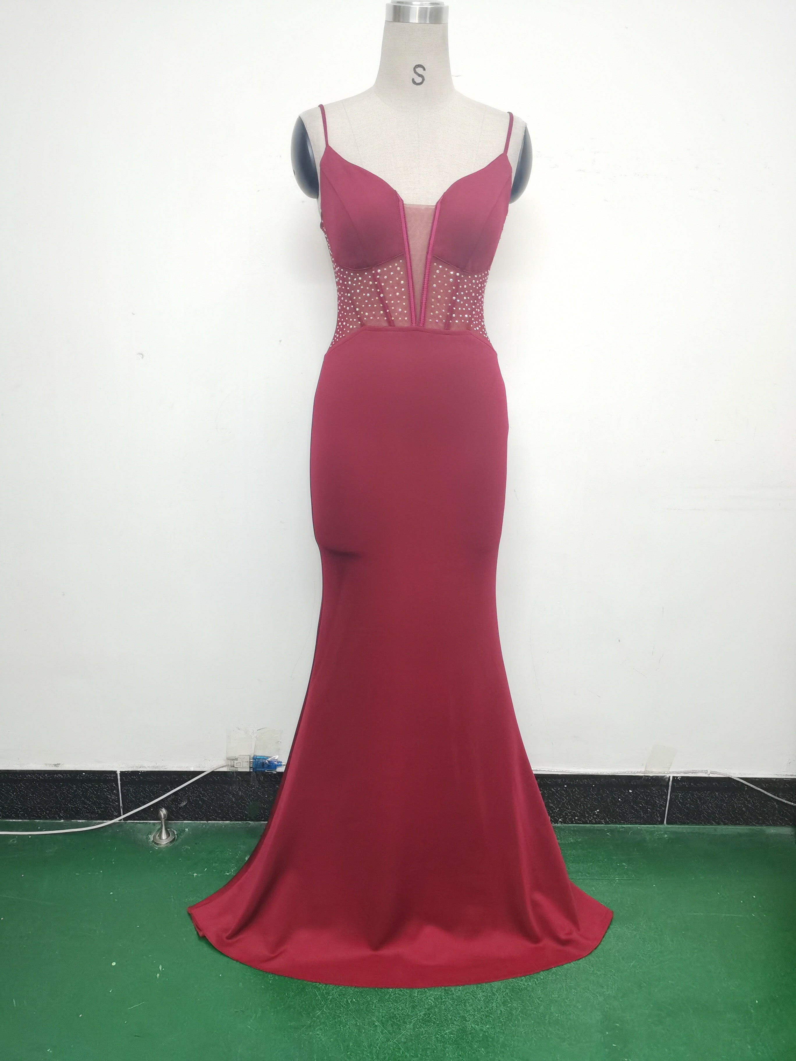 Women fishbone Fitted Mesh Beaded Bodycon fishtail evening dress 23