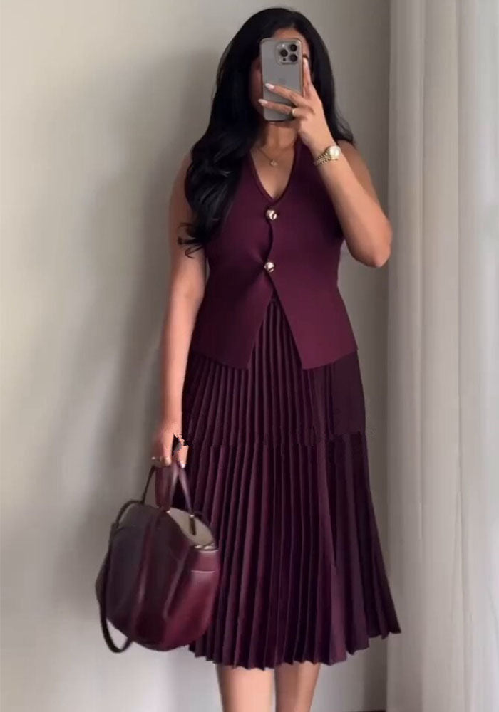 Women Vest Pleated Skirt Two Piece Set