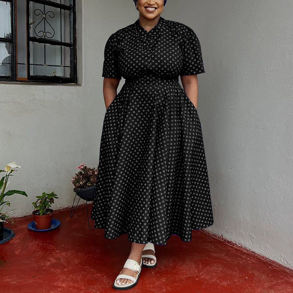 Summer Plus Size Women's Short Sleeved V neck Bohemian Polk Dot Print Long Dress 6