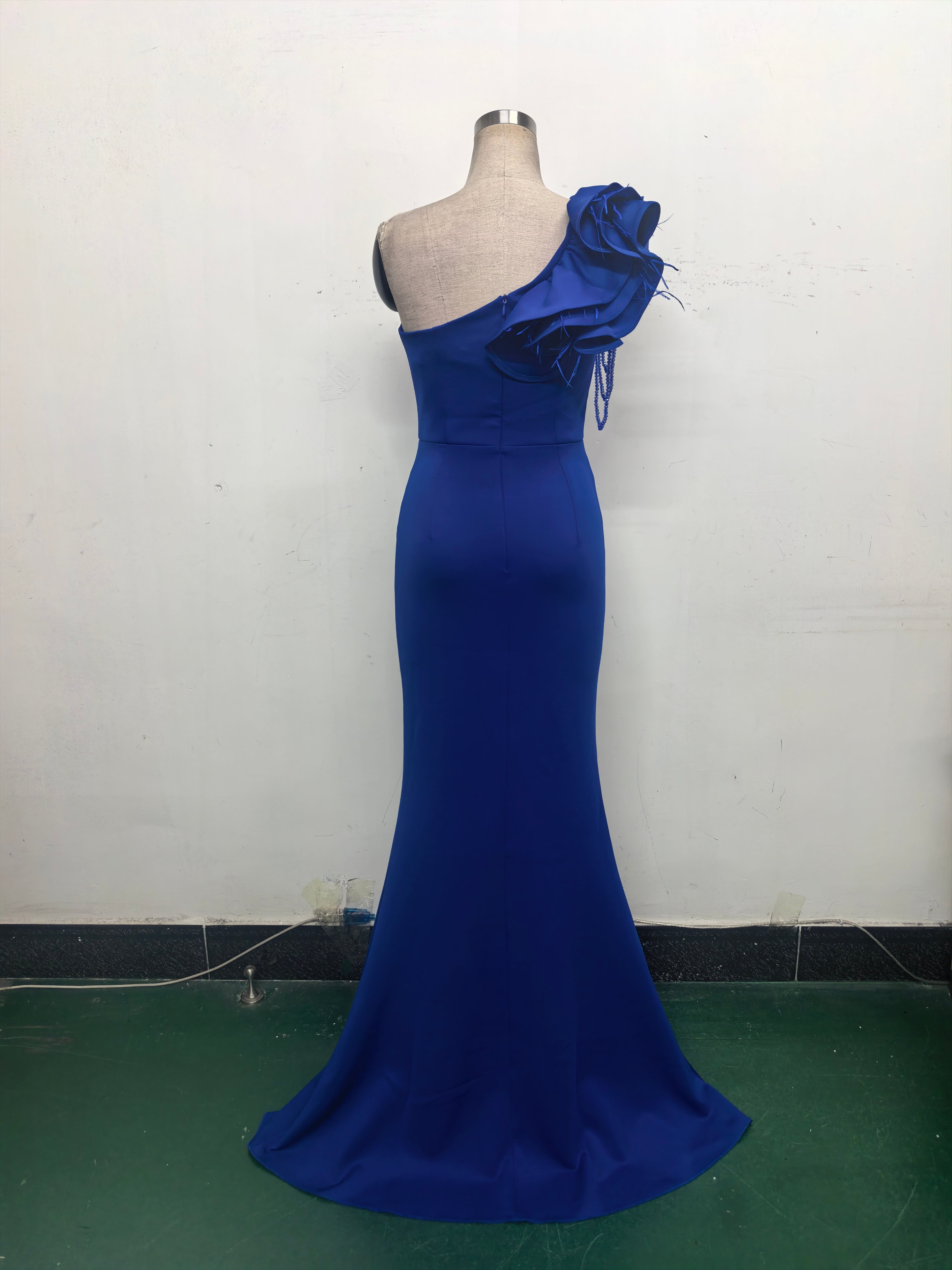 Women One-Shoulder Beaded Wool and Floral Satin Slit Sexy Evening Dress 37