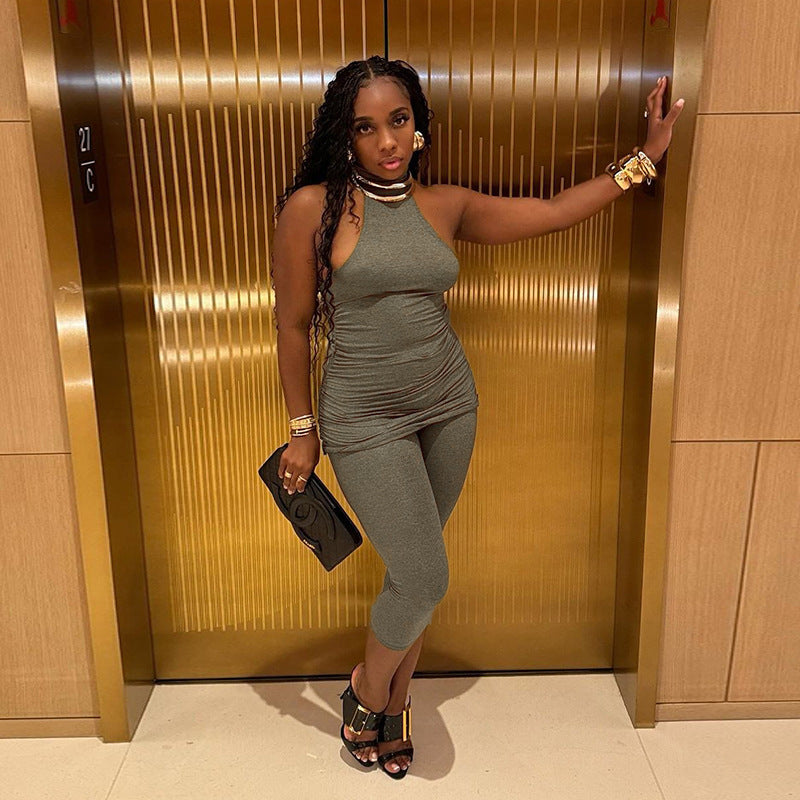 Women Sexy High Neck Sleeveless Vest Top and Shorts Two Piece Set 3