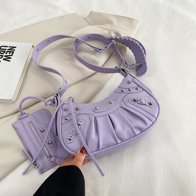 Diagonal pleated single shoulder women's retro rivet bag 28