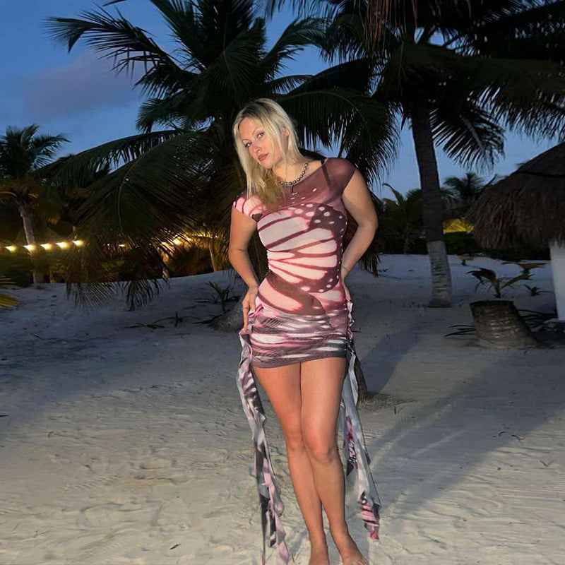 Women Butterfly Print Ribbon Short-Sleeved Dress 3