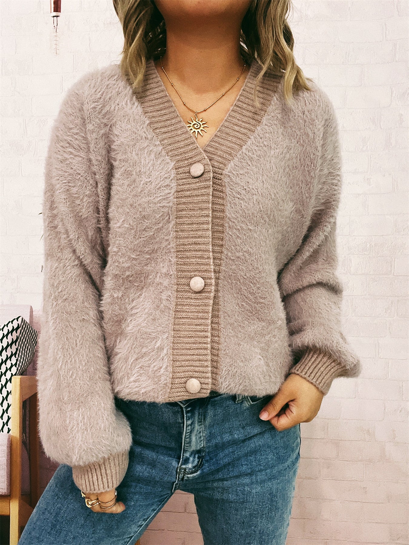 Women autumn/winter casual furry V-neck solid sweater 19