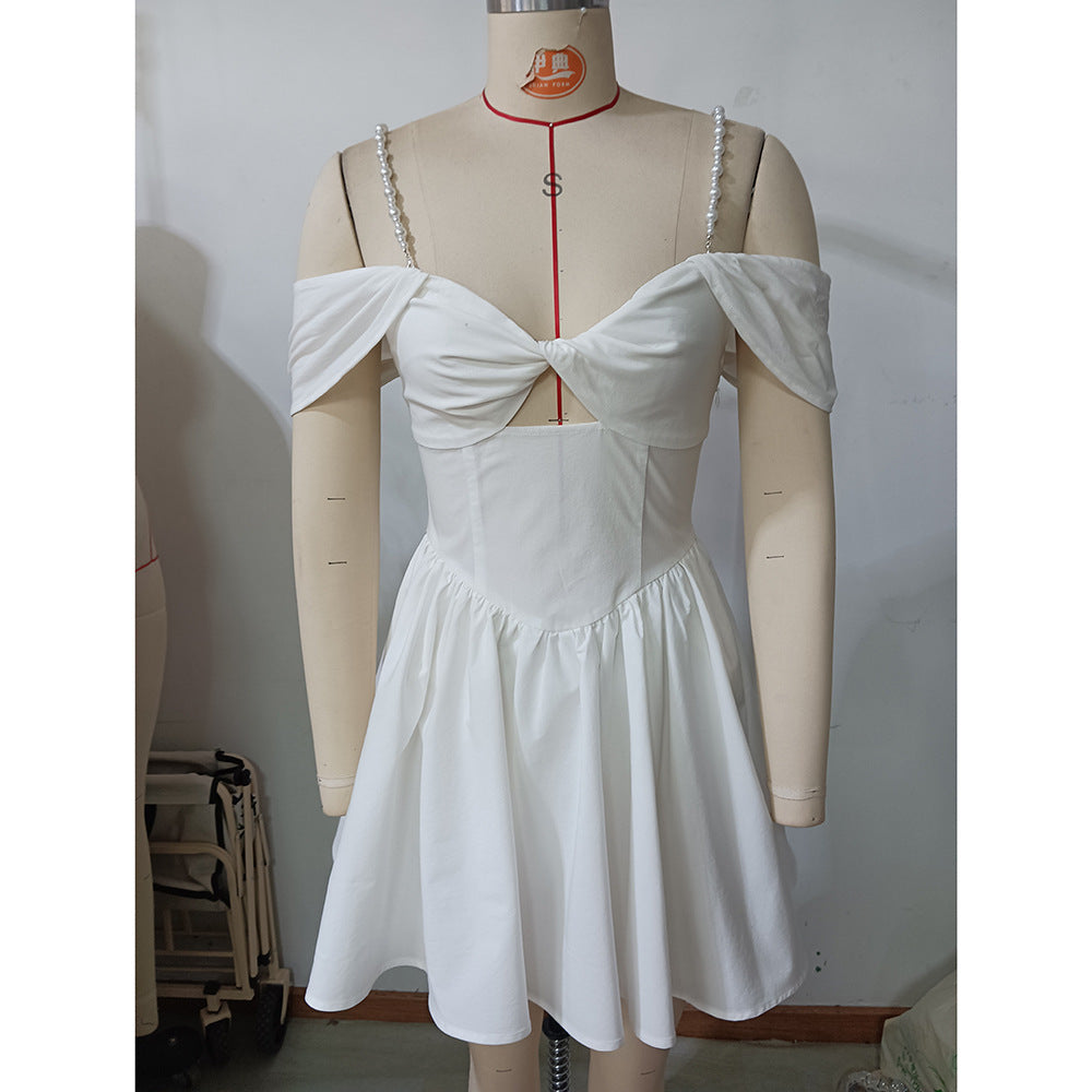 Women Spring Sexy Hollow Pearl Suspender Dress 8