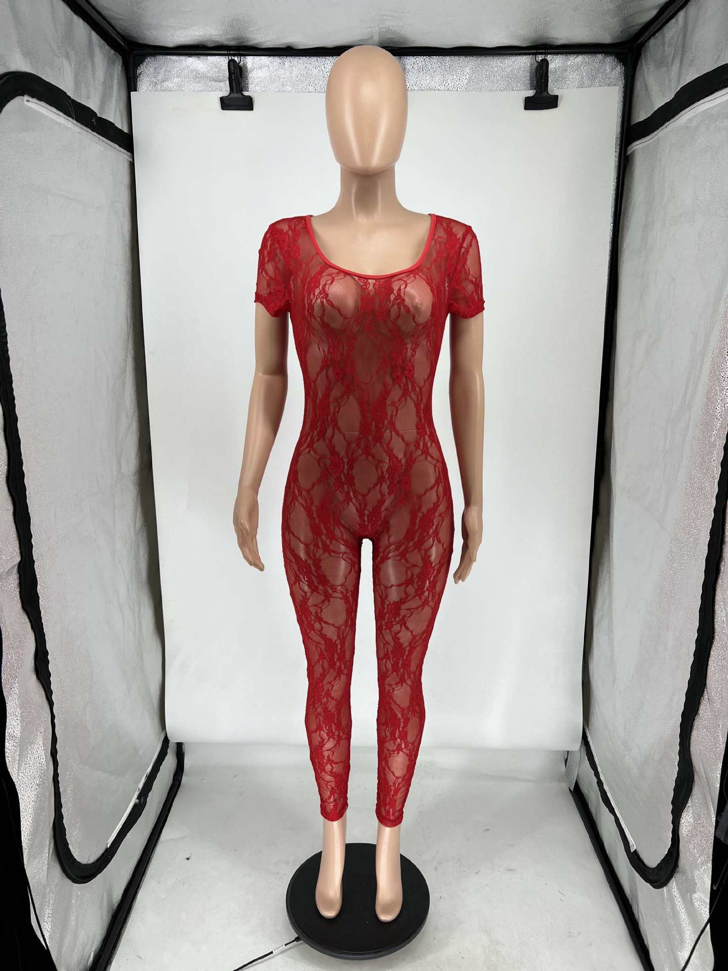 Women's Summer Lace Short Sleeve Low Back Sexy Nightclub Jumpsuit 14