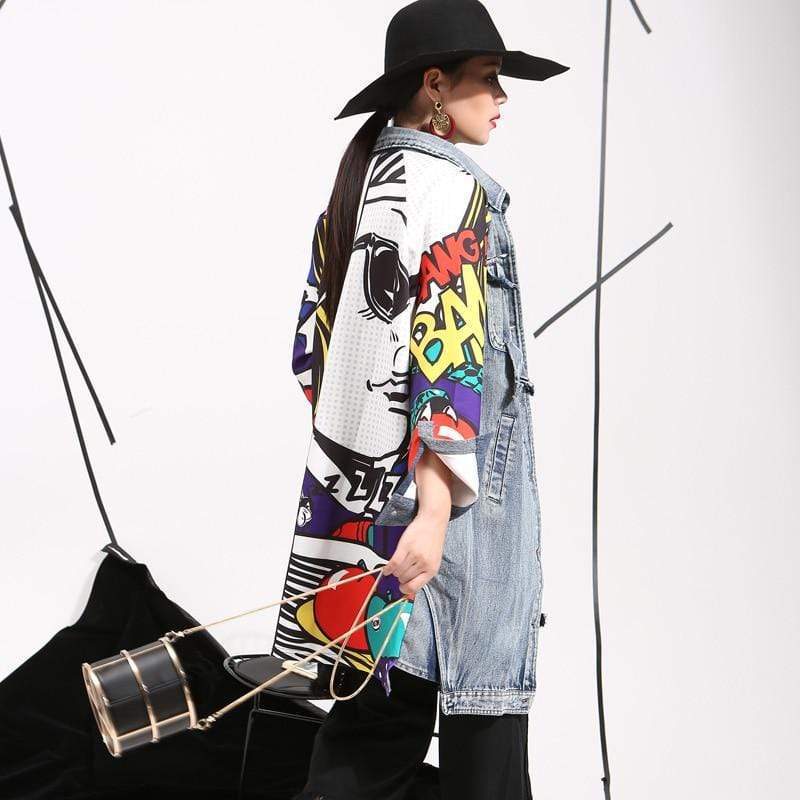 Women Fashion Graphic Loose Washed Denim Jacket 5