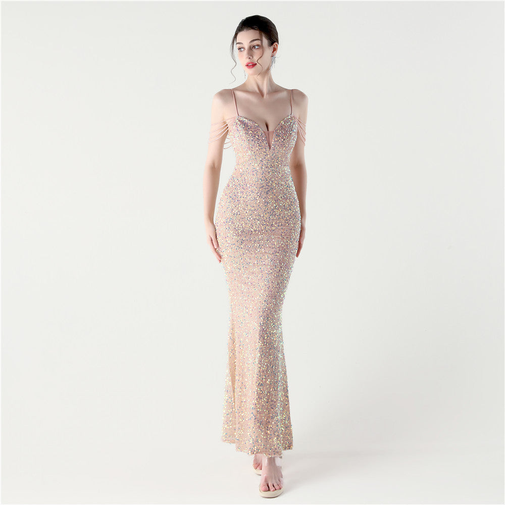 Women Sequined Beaded Party Wedding Dinner Suspender Evening Dress 3