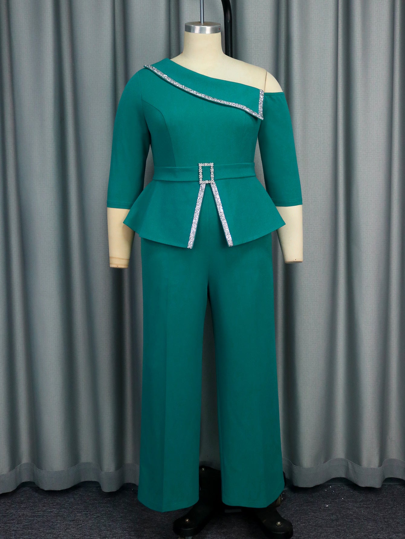 Fashion Slash Shoulder Elegant Beaded High Waist Formal Party Jumpsuits 7