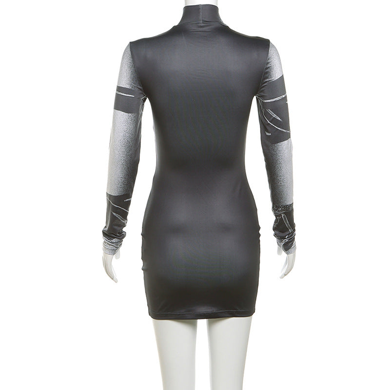 Spring Summer Women's Print High Neck Bodycon Dress 7