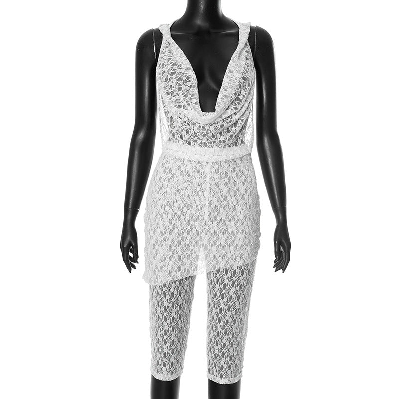 Women's spring and summer lace hood Halter Neck deep pile collar  Low Back Patchwork Dress and pants set 7