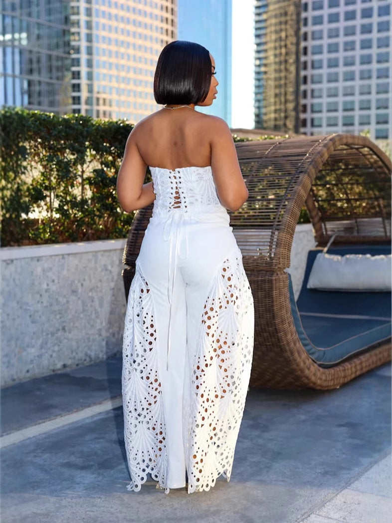 Women Lace Strapless Top and Pant Two-piece Set 5