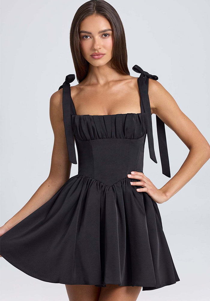 Summer WomenŸ??s Square Neck High Waist Pleated Bow Strap A-line Dress