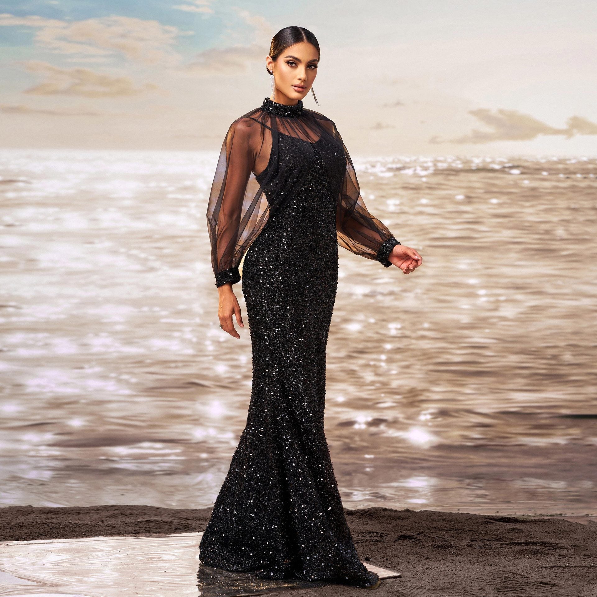 Women long sleeve Round Neck Bodycon Formal Party sequined fishtail evening dress 3