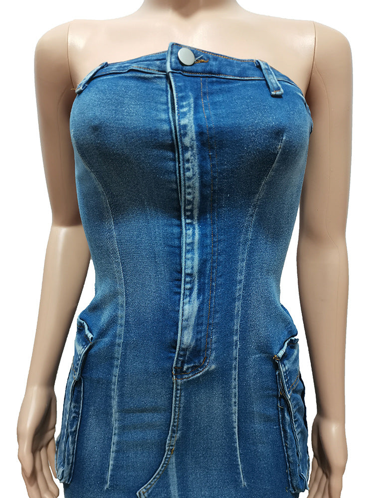 Women Sexy Strapless Washed Button Stretch Denim Dress 11