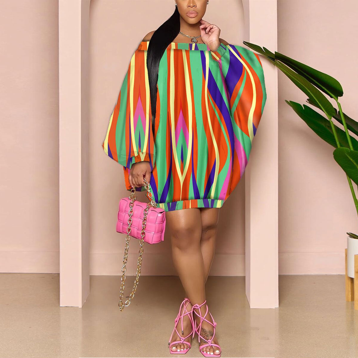 Sexy Off Shoulder Print Puff Sleeves Loose Dress 4