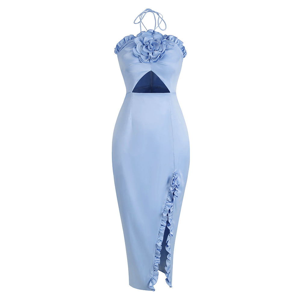 Summer Flower Sexy Strapless Halter Low Back Slit Long Party Dress 8