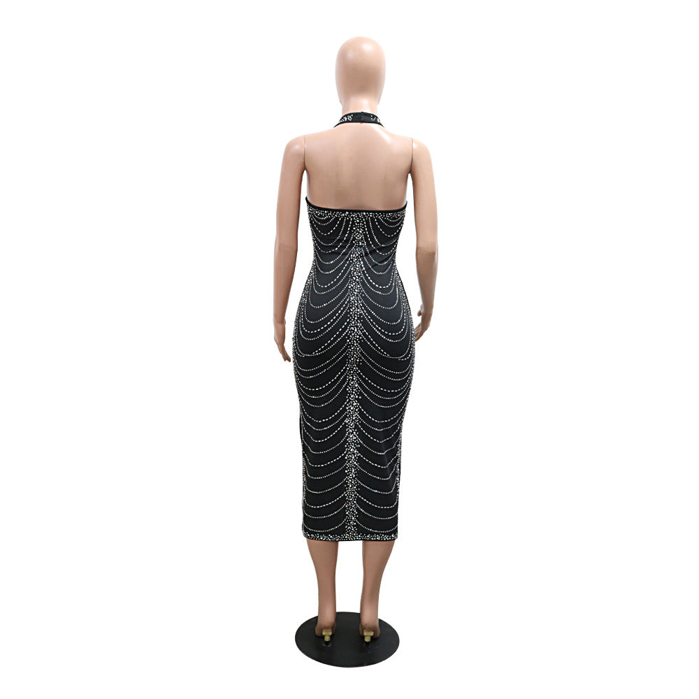 Women Beaded Sexy Backless Slit Dress 7