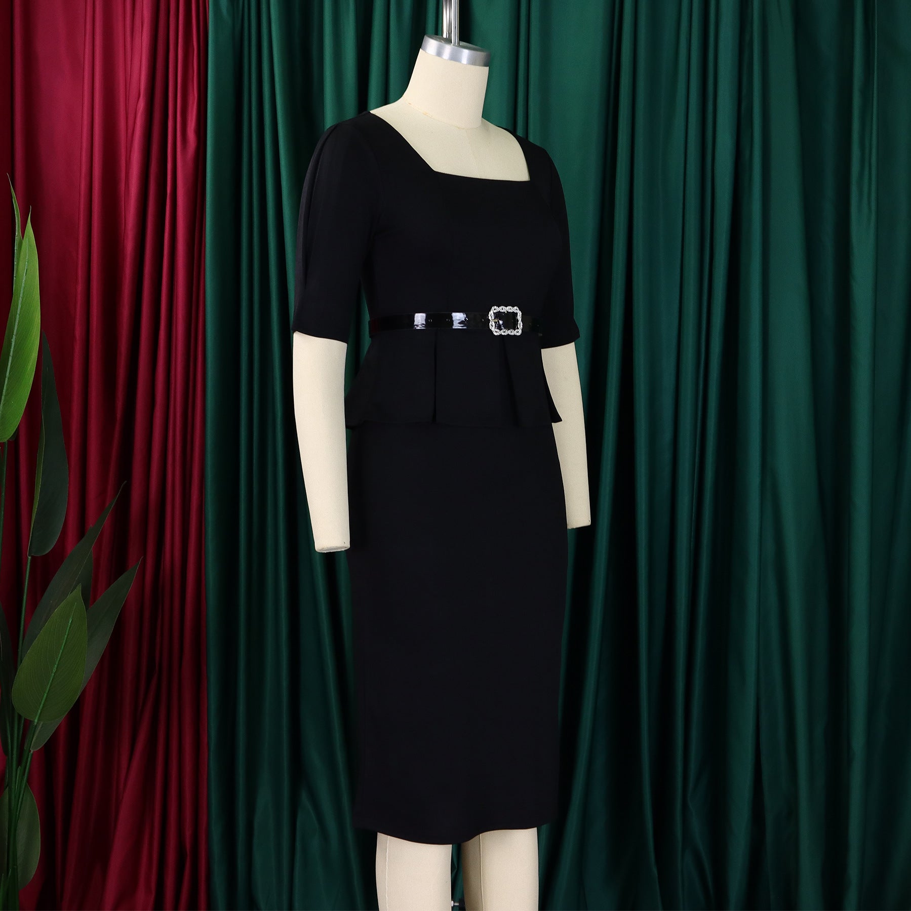 African Women's Turndown Collar Fashion Chic Short Sleeve OL Ruffle Slim Waist Dress 17