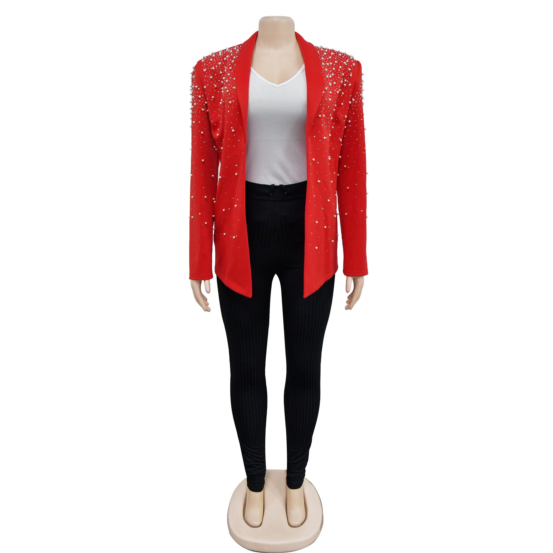 Women's Fashion Solid Color Beaded Turndown Collar Long Sleeve Blazer 17