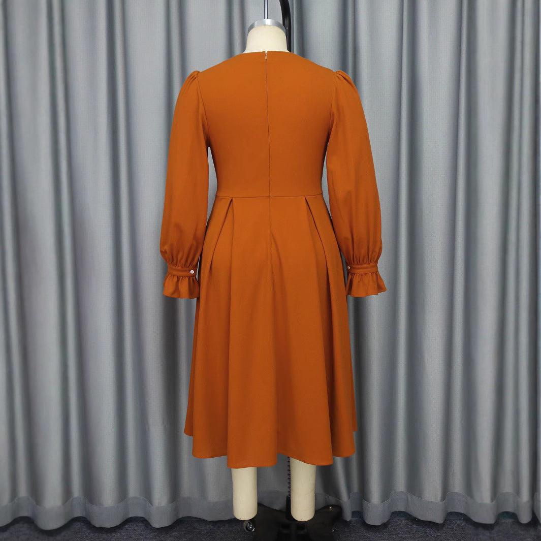 Plus Size Women V-neck lantern sleeve Ruffle Edge party beaded dress 4