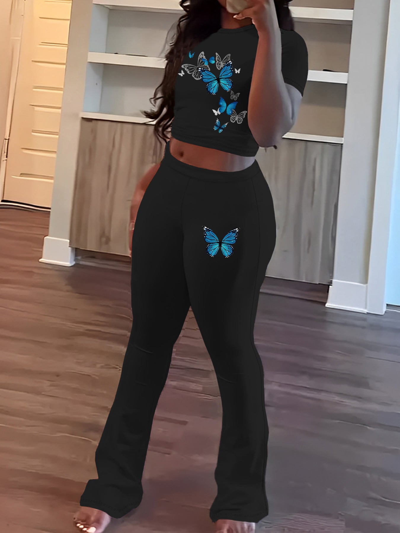 Spring Printed Short Sleeve Round Neck Top and Long Pants Two-Piece Set for Women 15