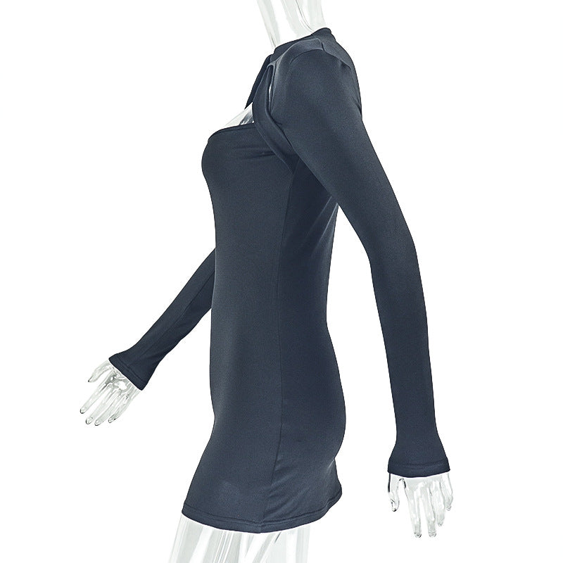 Women's Solid Color Hollow Out Sexy Fashion Long Sleeve Slim Waist Bodycon Short Dress 6