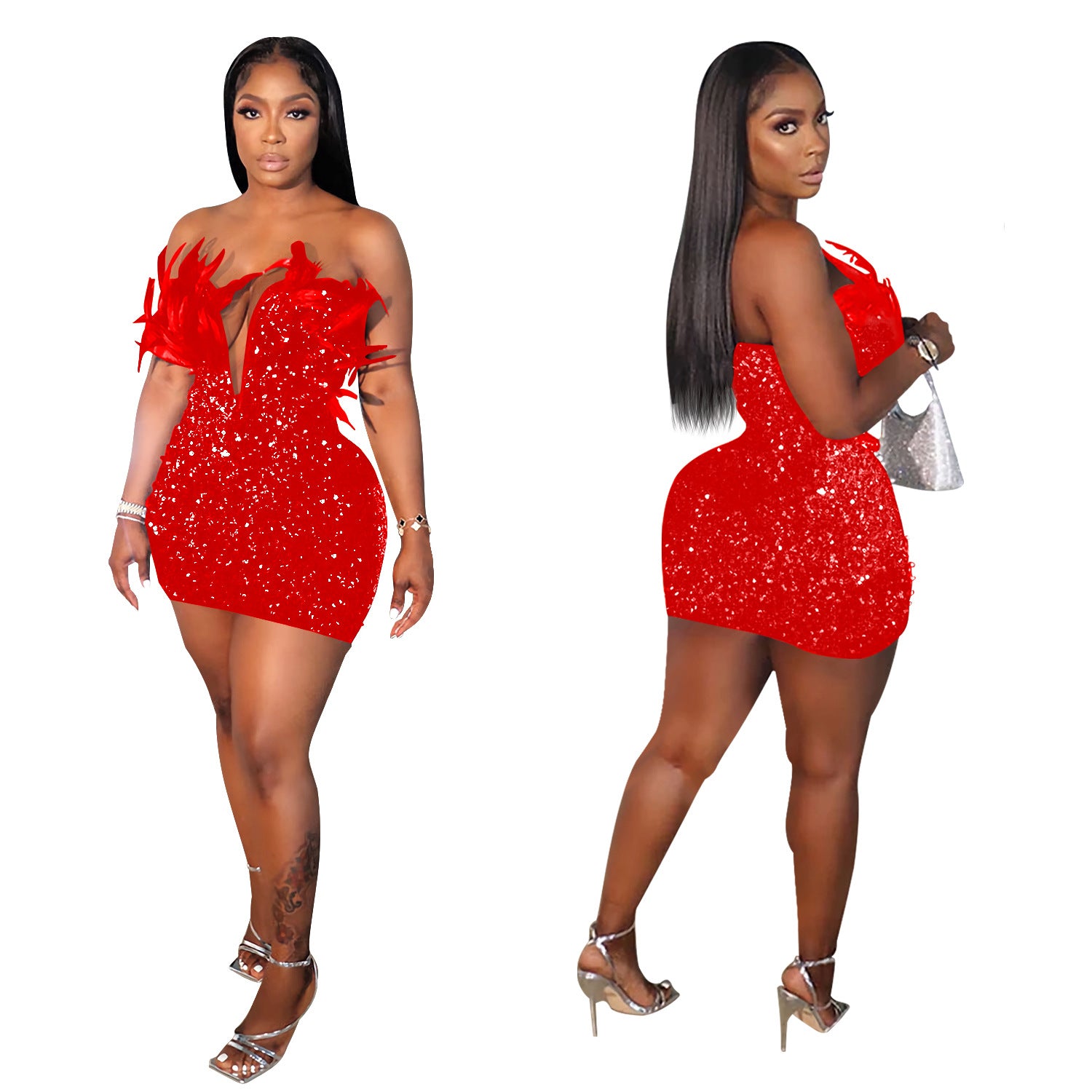 Women Sequin Feather Sleeveless Dress 11