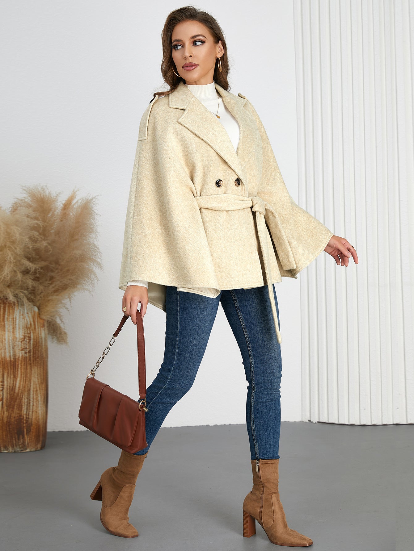 Women Winter Turndown Collar Cape Coat 5