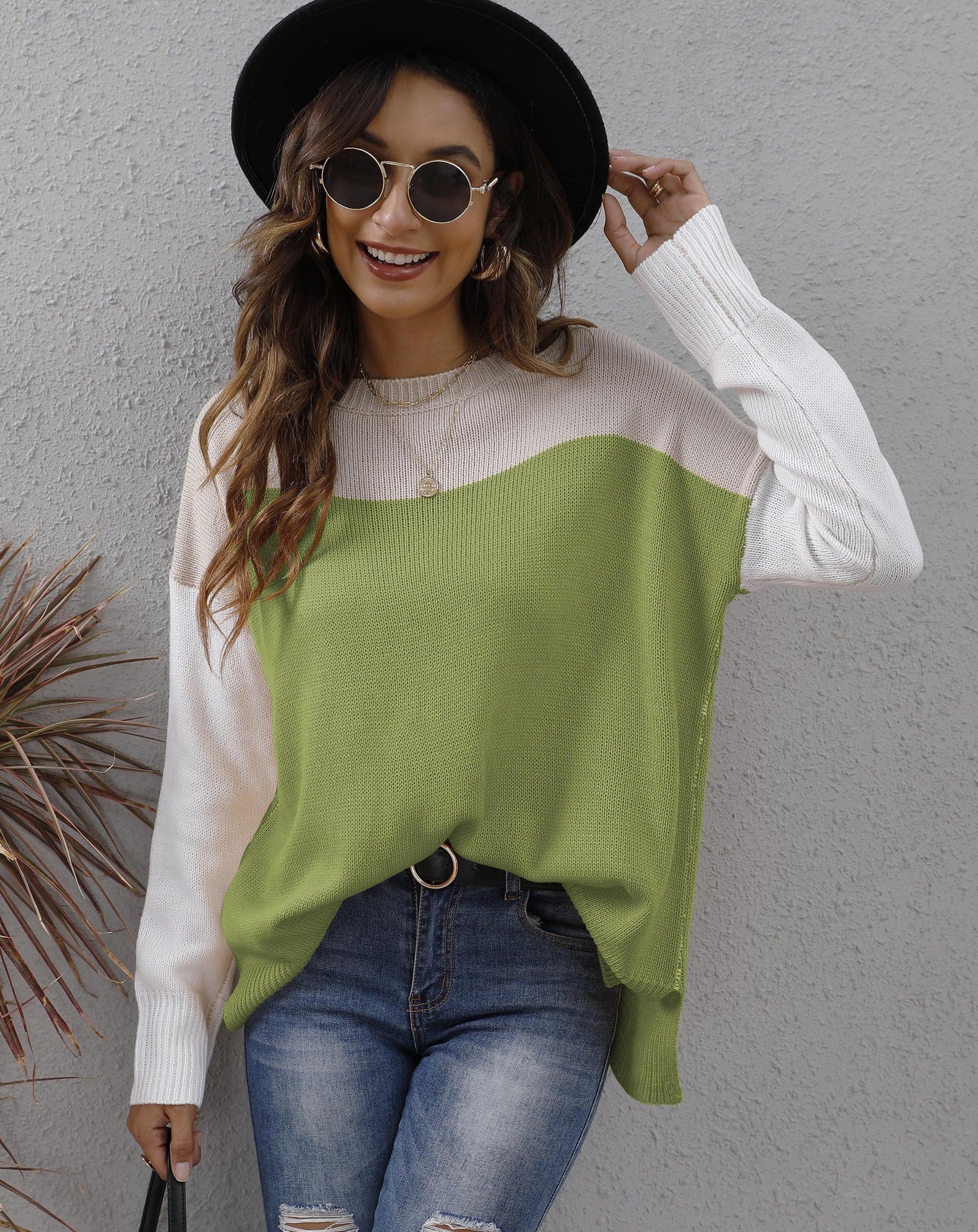 Women Patchwork Loose Colorblock Casual Sweater 4