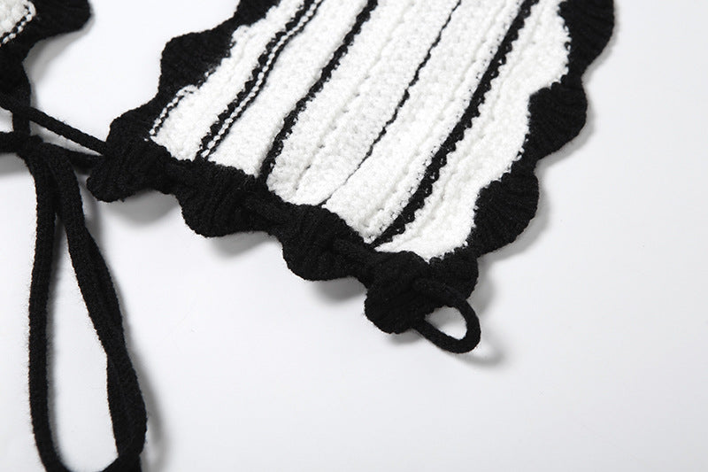 Summer Lace-Up Deep V Low Back Tops High Waist Slim Striped Skirt Two Piece Set 10