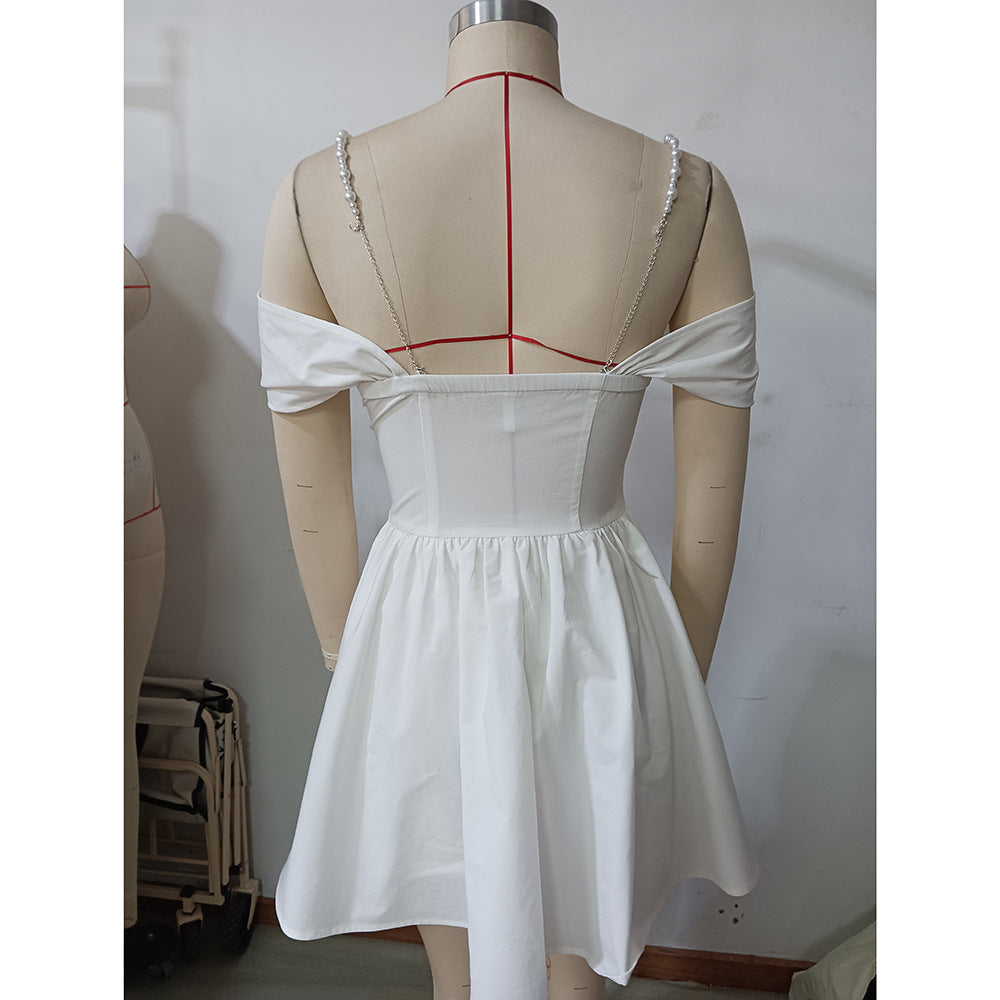 Women Spring Sexy Hollow Pearl Suspender Dress 10