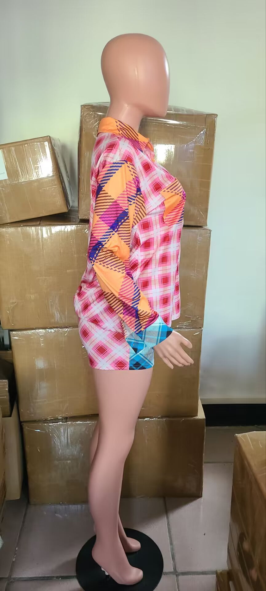 Women contrast plaid print long-sleeved shirt and shorts two-piece set 6