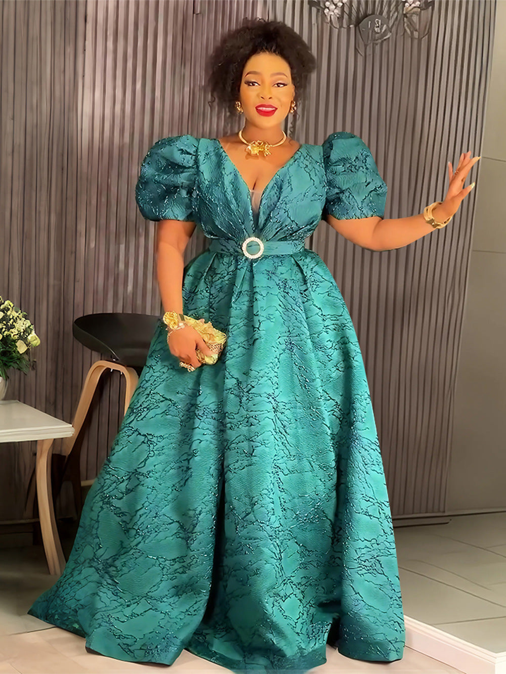 Chic Plus Size Dress Women Africa Mesh V-Neck Party Gown with Belt