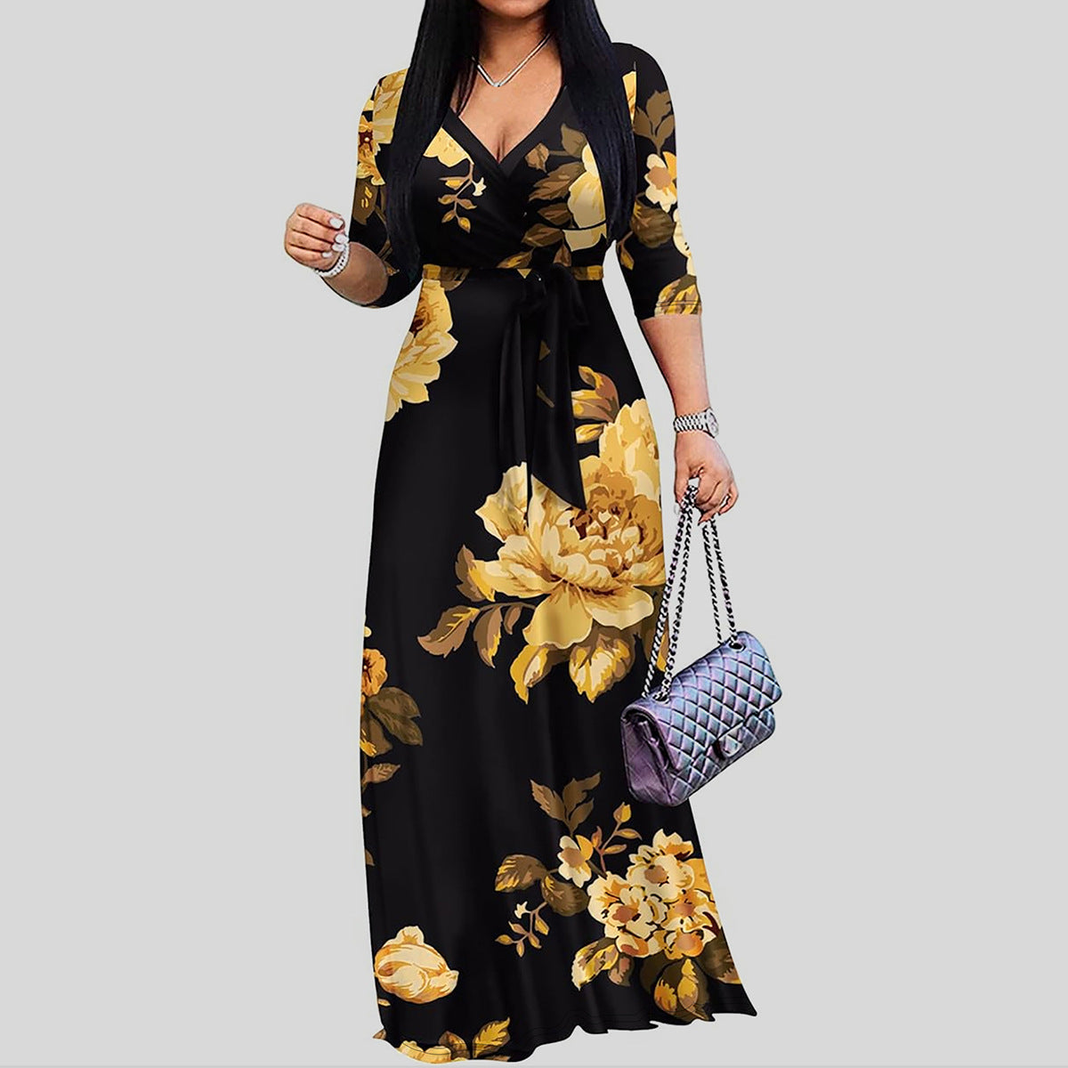 Spring & Autumn Women's Fashion Elegant Wrap V-Neck Half-Sleeve Print Belt Maxi Dress 18